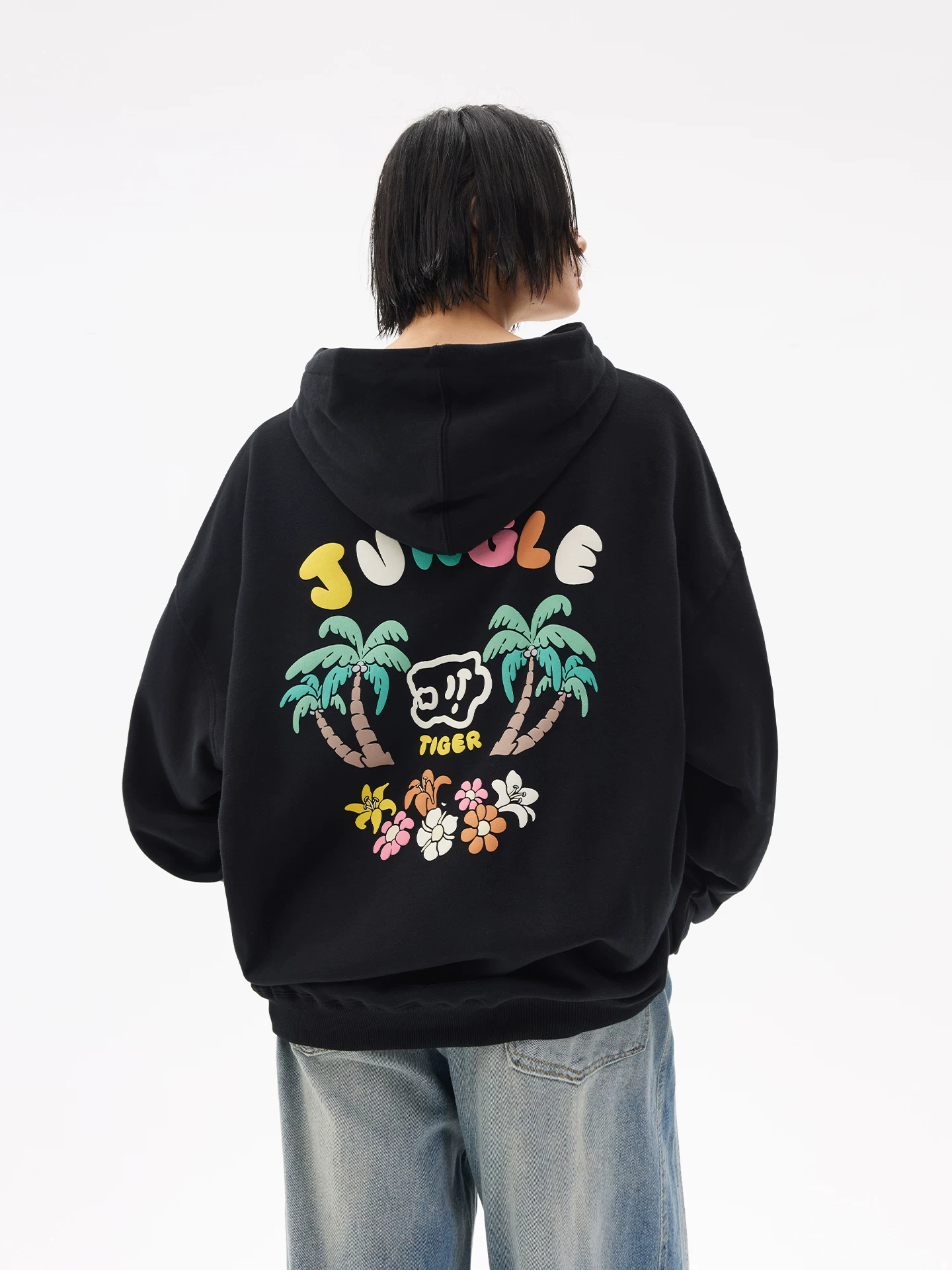 Áo hoodie có mũ trùm đầu bằng vải bọt da lộn kiểu dáng resort Jungle Tiger dành cho nam và nữ, áo màu đen rộng rãi phong cách Mỹ mùa thu đông