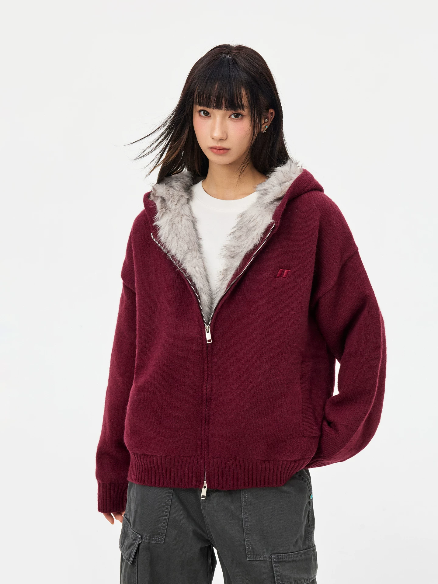Áo khoác cotton có cổ lông hổ rừng cho nam và nữ, áo khoác cotton có mũ trùm đầu dệt kim thêu đơn giản, áo khoác ngoài dày và ấm áp.