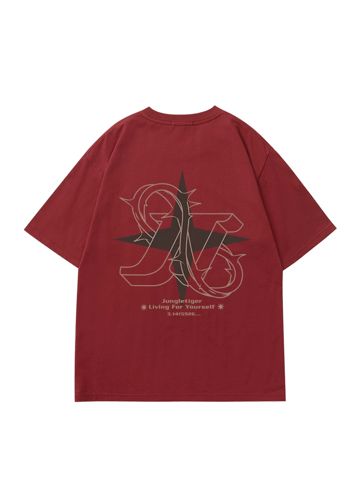 Áo thun ngắn tay in chữ retro đường phố Jungle Tiger dành cho nam, phong cách đơn giản hợp thời trang của thương hiệu bf kiểu dáng lười biếng màu đỏ tía nửa tay