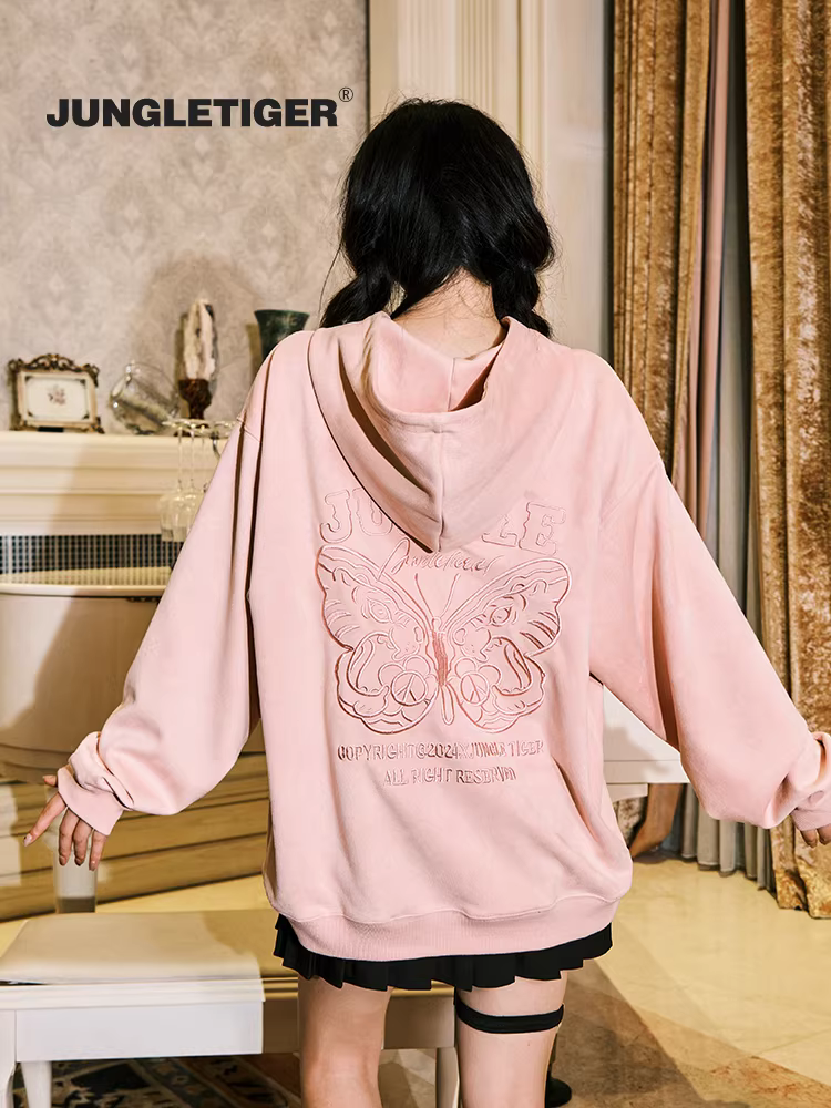 Áo hoodie có mũ trùm đầu phong cách Trung Hoa mới thêu hình bướm khóa kim loại hình hổ rừng Unisex chất liệu da lộn