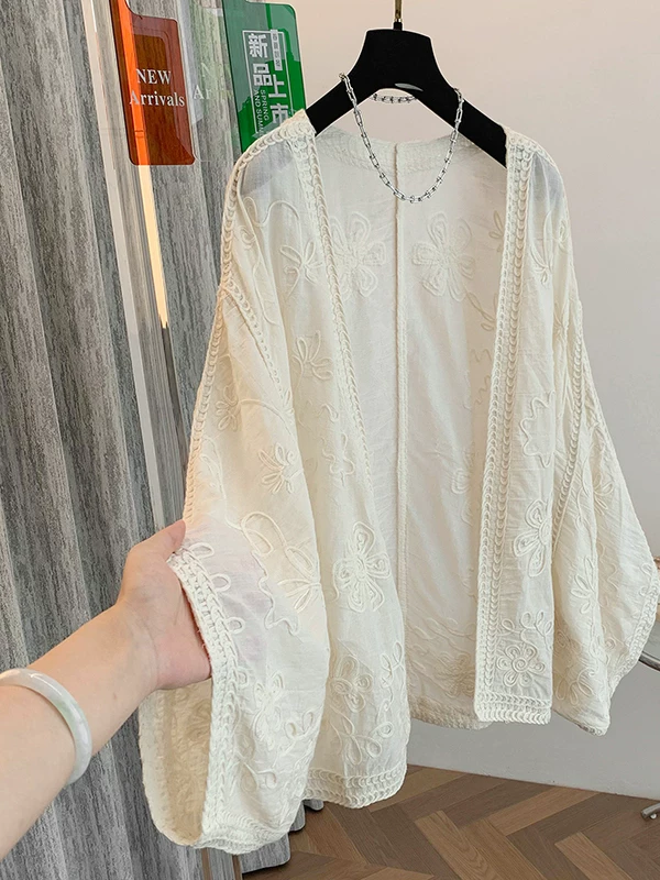 Áo cardigan dài tay đèn lồng thêu vintage chất liệu cotton 100% kiểu mới hè 2025, đa năng, trẻ trung, chống nắng, mặc điều hòa