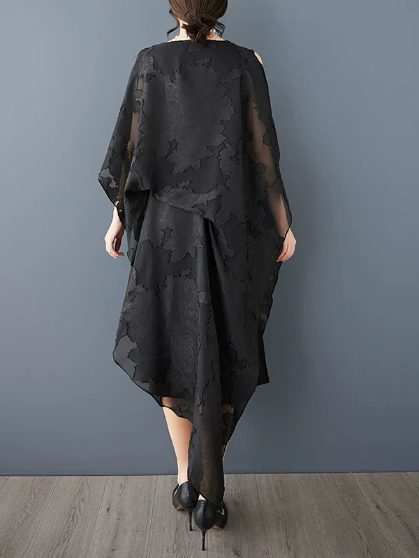 Thời trang nữ cỡ lớn hè 2025, đầm jacquard cao cấp phong cách châu Âu và Mỹ, thiết kế bất đối xứng kiểu Pháp, tôn dáng.