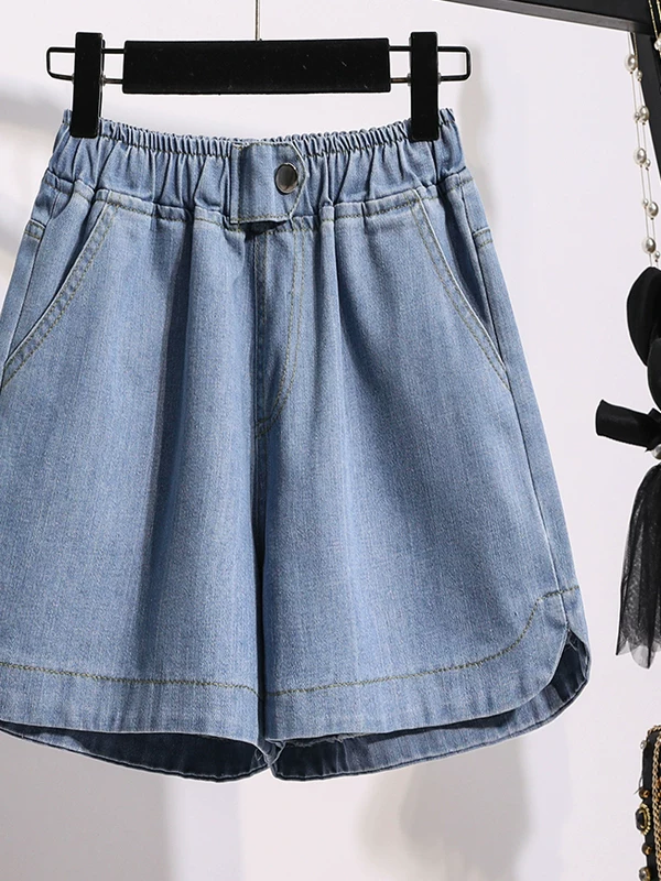 Quần denim ống rộng cạp cao cho nữ, quần short mùa hè, quần ống đứng cỡ lớn, quần short thường ngày đa năng, kiểu dáng mỏng.