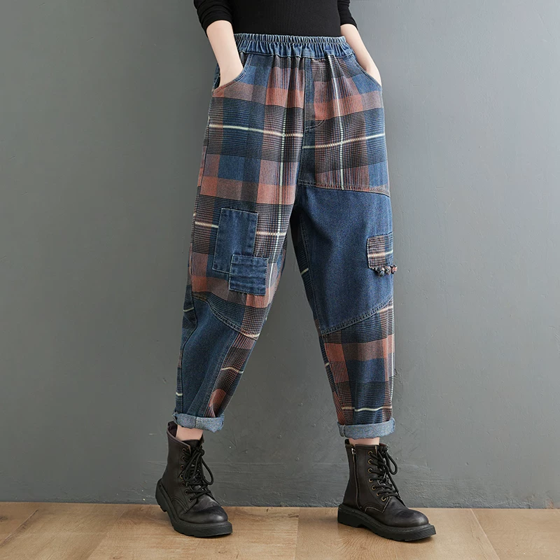 Quần Harem Denim kẻ caro phối màu phong cách retro Xuân Thu 2025, dáng rộng, ống lửng, thời trang nữ