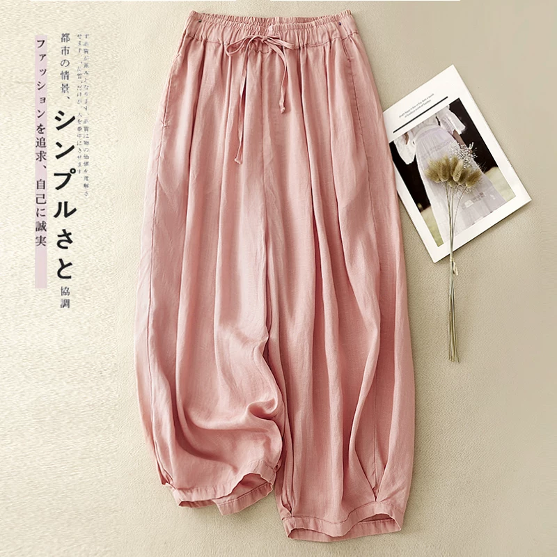 Quần đèn lồng vải tencel nghệ thuật dành cho nữ, phong cách mùa hè mới, quần cà rốt cạp chun có dây rút, dáng rộng, quần vải lanh dáng suông giúp thon gọn.