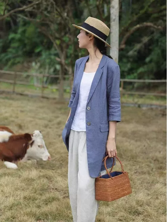 Áo blazer linen nữ 2025 kiểu mới mùa hè, chất liệu linen mỏng, tay ba phần, áo khoác vest cotton-linen nhỏ gọn, phong cách thường ngày
