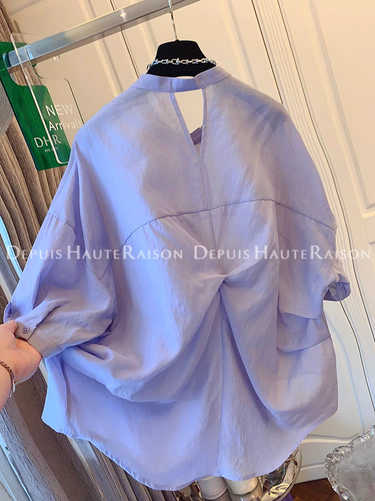 Áo sơ mi tím siêu thời trang với thiết kế xoắn ở phía sau, áo cardigan ngắn tay dành cho nữ, kiểu dáng rộng rãi và thanh lịch, đa năng cho mùa hè 2025.
