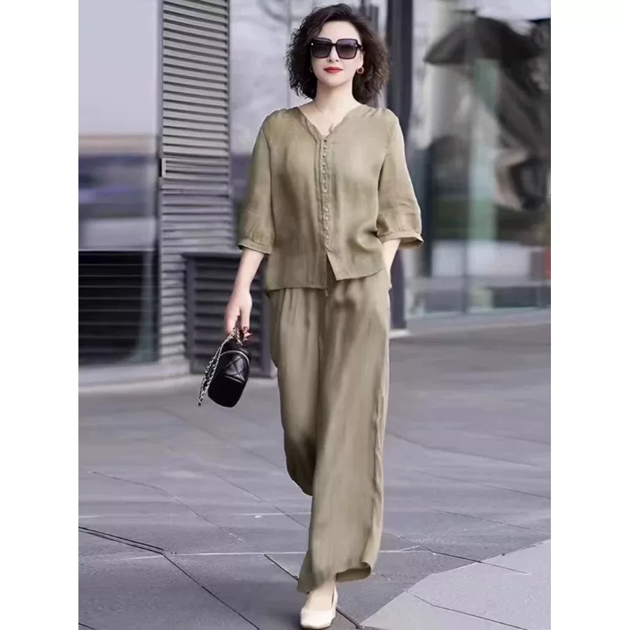 Bộ trang phục mùa hè 2025 kiểu mới cho mẹ, áo kiểu dáng thời trang tay ngắn size lớn + quần ống rộng dáng thẳng, chất liệu cotton-linen sang trọng, bộ hai món