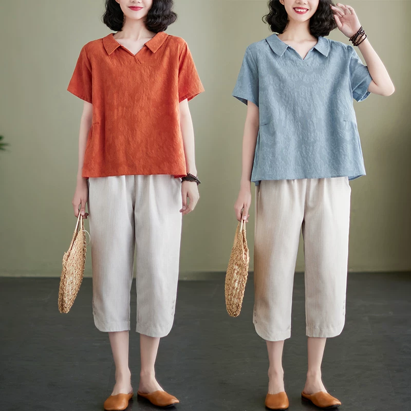 Bộ đồ cotton và vải lanh mùa hè dành cho phụ nữ hơi mũm mĩm, áo phông ngắn tay sành điệu, áo kiểu dáng rộng đơn giản, thời trang, bộ hai mảnh