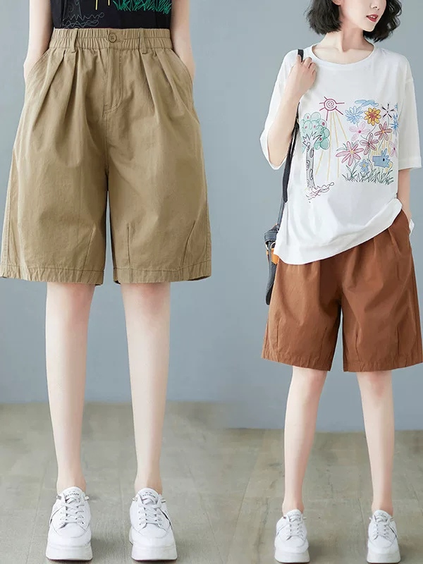 Quần cotton vải chéo cổ điển mùa hè dành cho nữ, lưng thun, quần ống đứng thon gọn, quần năm điểm rộng rãi đa năng, quần dài vừa phải.