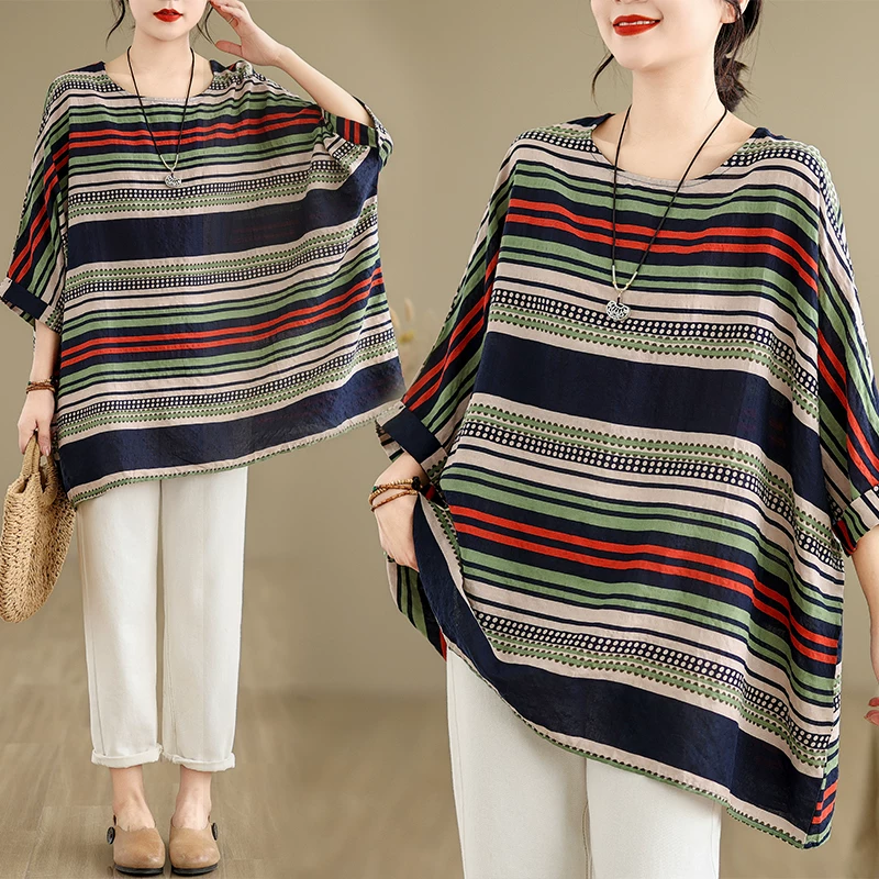 Ảnh chụp thật áo thun nữ tay cánh dơi in họa tiết cổ tròn dáng rộng chất liệu cotton và lanh cỡ lớn mùa hè 2026.