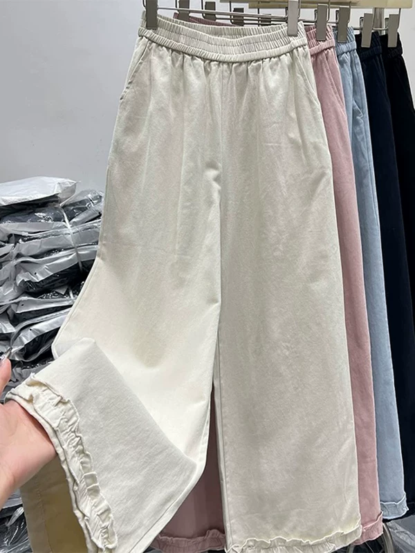 Quần ren thời thượng năm nay dành cho nữ, phong cách Hàn Quốc mùa xuân hè, quần ống rộng cạp cao tôn dáng, viền bèo nhún.