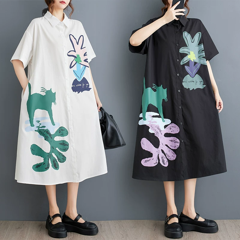 Váy áo sơ mi nữ thời trang plus size hè 2025 kiểu dáng rộng rãi, in họa tiết, phối vải, phong cách ngọt ngào, tay ngắn.