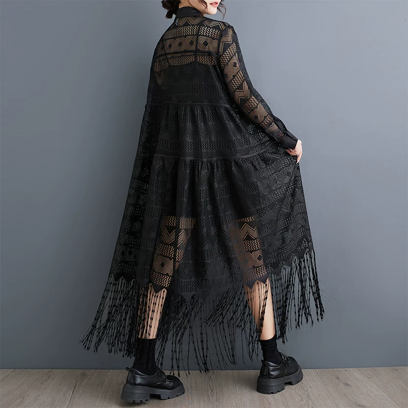Váy liền thân ren phối chất liệu phong cách Gothic tối màu Hồng Kông Xuân Thu 2026, size lớn, thời trang, đa năng, chất liệu voan mỏng