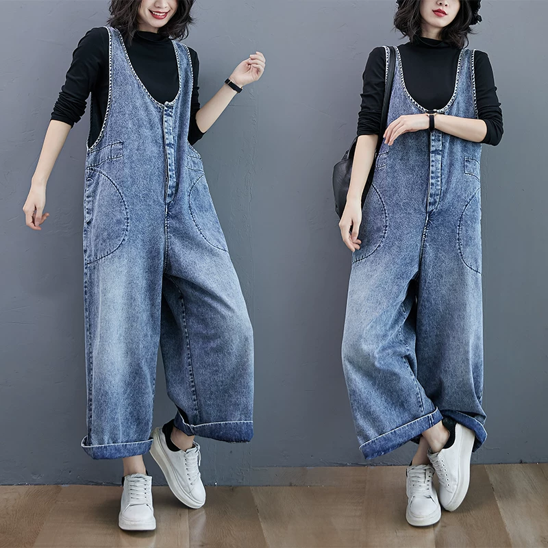 Quần yếm denim trẻ trung dành cho nữ, phong cách mới mùa xuân 2022, dáng rộng, cỡ lớn, sành điệu, áo liền quần ống rộng giúp thon gọn.