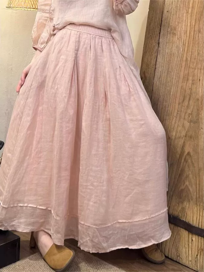 Váy nửa thân bằng vải cotton và lanh nghệ thuật dành cho nữ, mẫu mới hè 2026, phong cách vintage độc đáo, đa năng, chất liệu ramie, dáng chữ A, dài trung bình.