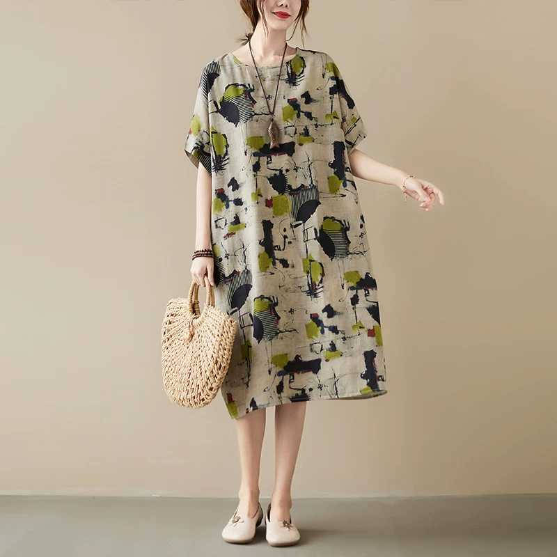 Váy cotton và lanh nữ, tay ngắn, kiểu dáng mùa hè 2026, thanh lịch, dài ngang đùi, phong cách retro dân tộc, in họa tiết, size lớn.