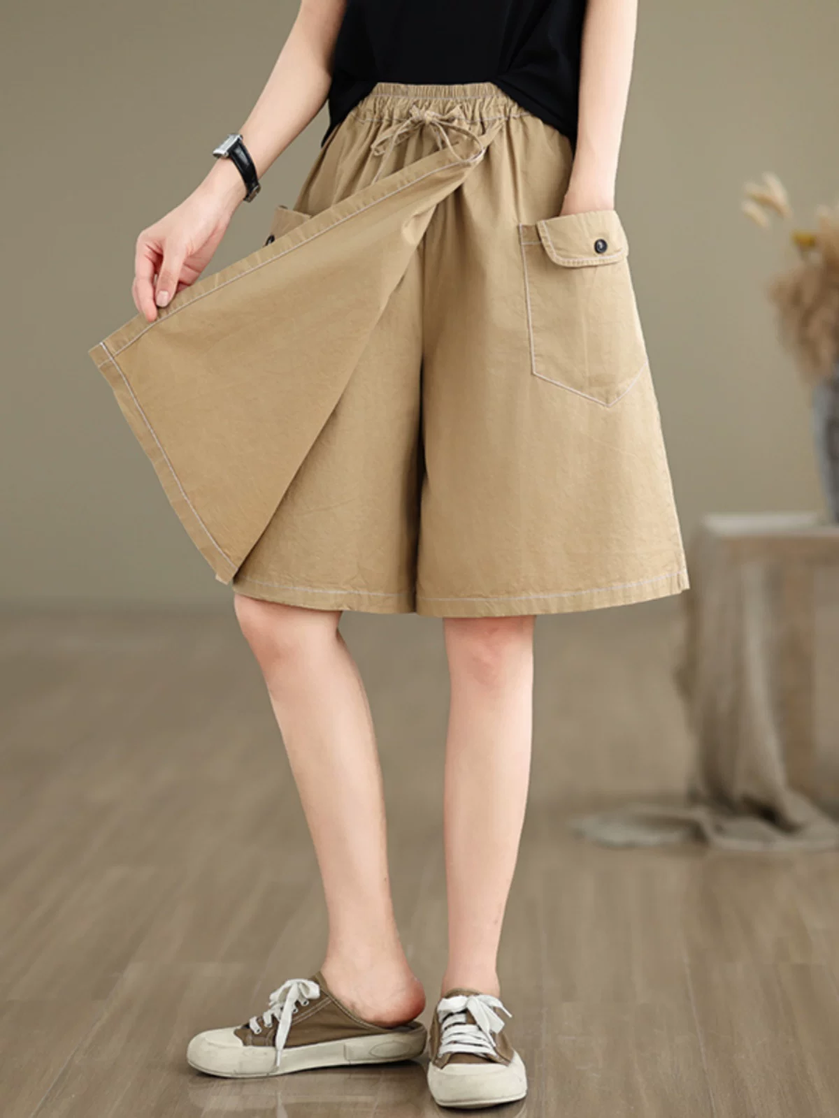 Váy chữ A đa năng thời trang hè 2025 chất liệu cotton mỏng, quần váy năm phần, cạp cao, kiểu Nhật, quần short công sở