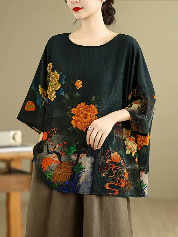 Quần áo nữ cỡ lớn mùa hè 2026 phong cách mới vải lanh cotton dân tộc cổ điển tay cánh dơi áo thun cổ tròn rộng rãi.