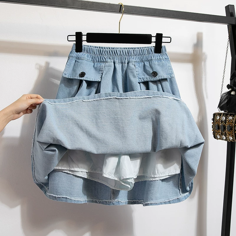 Quần denim cotton nguyên chất, quần cotton đã qua xử lý, quần giả hai mảnh, quần ống rộng size lớn cho nữ, quần váy mùa hè, quần váy nhăn mùa hè cho nữ