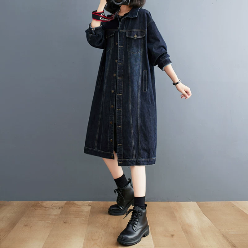 Áo khoác denim dài trung bình dành cho nữ, kiểu dáng Hàn Quốc mới xuân thu 2026, thiết kế retro đa năng, áo khoác trench dáng rộng