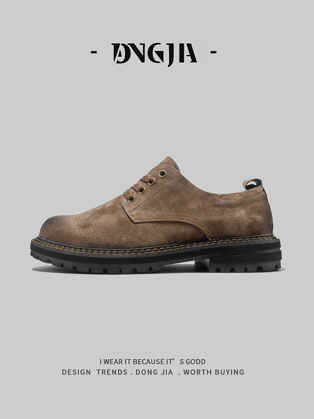 Giày Martin cổ thấp phong cách Âu Mỹ thương hiệu Dongjia Qshoes dành cho nam, kiểu dáng mùa thu mới, chất liệu da lộn heo, phong cách Anh, giày công sở.