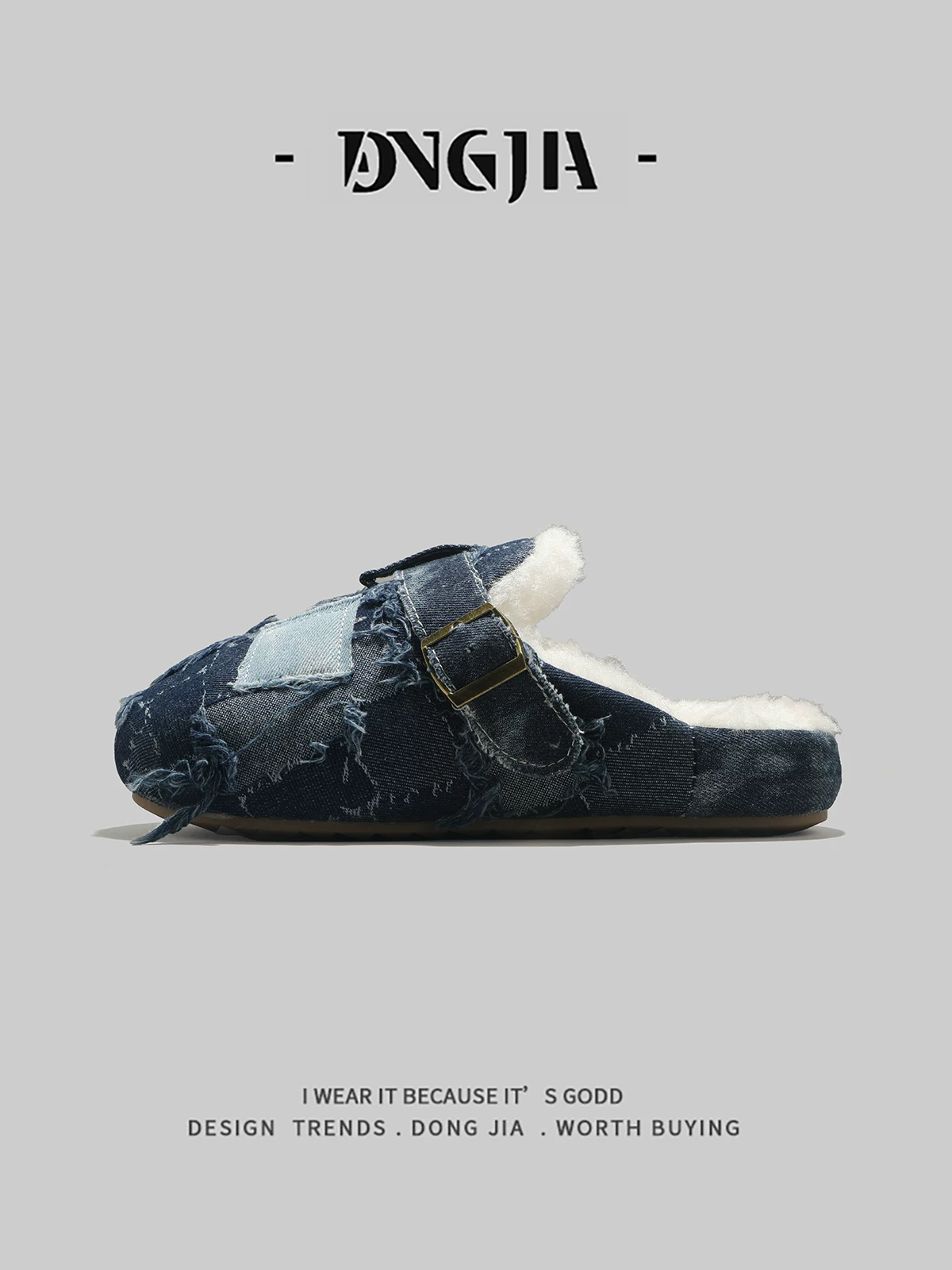 Giày kiểu Birkenstock chất liệu denim Nhật Bản xuất khẩu, dép bông giữ ấm mùa đông có lót lông cừu, kiểu dáng thời trang cao cấp dành cho nam.