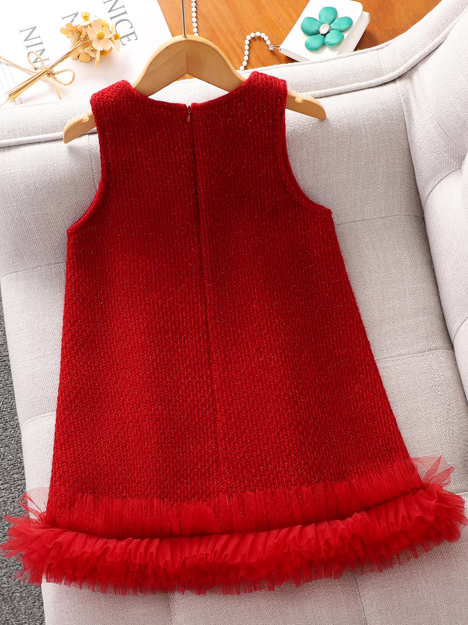 Váy bé gái thu đông kiểu mới 2025, áo len nỉ liền thân Tết thiếu nhi, bộ trang phục Tết màu đỏ cho bé gái