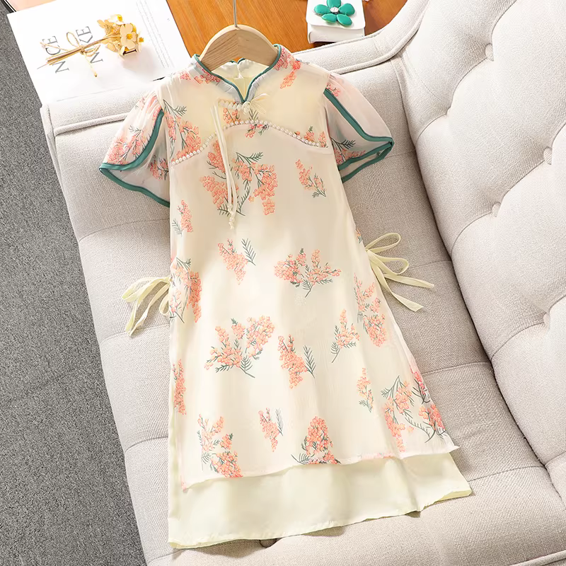 Váy sườn xám kiểu Trung Quốc mới dành cho bé gái, trang phục truyền thống Trung Quốc mùa hè cho trẻ em, váy mùa hè mới 2025, váy công chúa cho bé gái