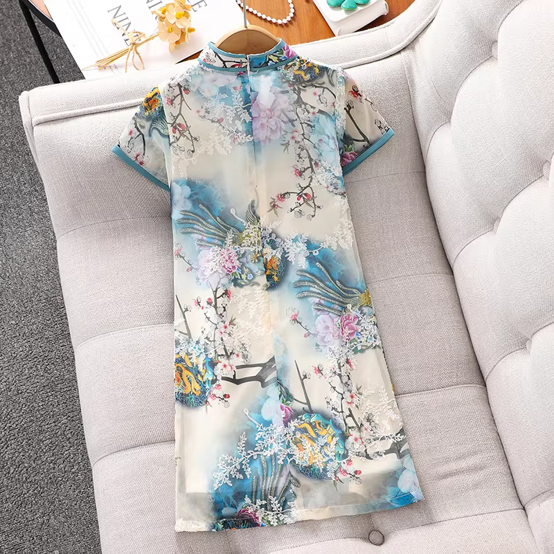 Váy sườn xám cải tiến cho bé gái mặc mùa hè 2025 phong cách mới Váy voan mỏng kiểu Trung Quốc cho bé gái Váy voan trẻ em