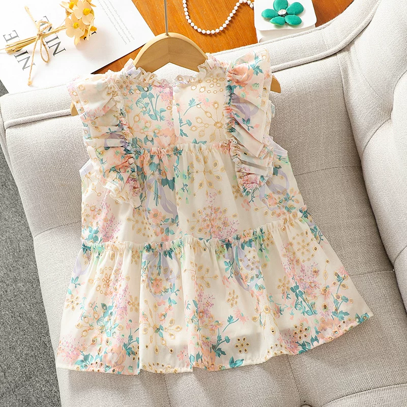 Áo vest nữ tay bồng họa tiết hoa phong cách Pháp, kiểu mùa hè, áo sơ mi không tay kiểu búp bê cho bé gái lớn, áo mới mùa hè 2025 dành cho bé gái.