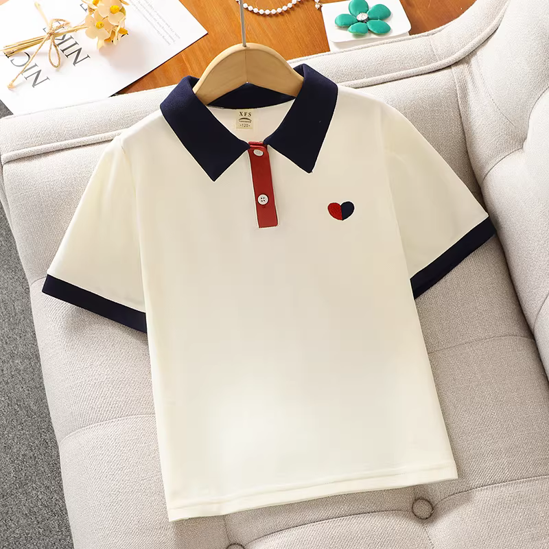 Bộ đồ polo ngắn tay kiểu preppy mới năm 2025 cho bé gái, quần short denim, bộ thể thao hai mảnh