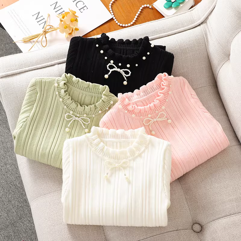 Áo len bé gái 2025 thu đông mới, áo len lót lông dày dặn cổ lọ nửa cao, áo thun dệt kim giữ ấm mùa đông cho bé gái