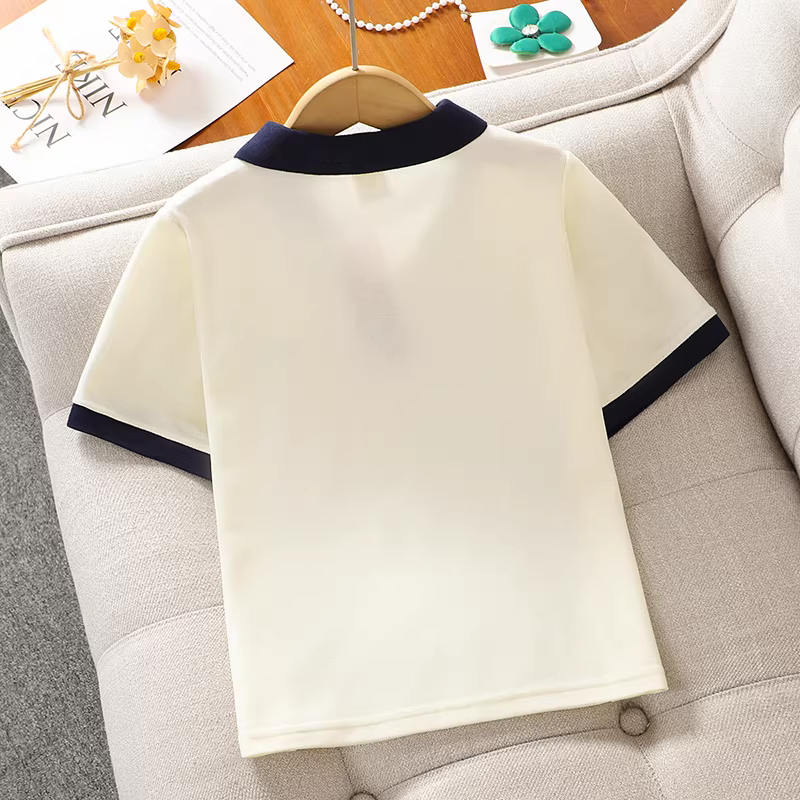 Bộ đồ polo ngắn tay kiểu preppy mới năm 2025 cho bé gái, quần short denim, bộ thể thao hai mảnh