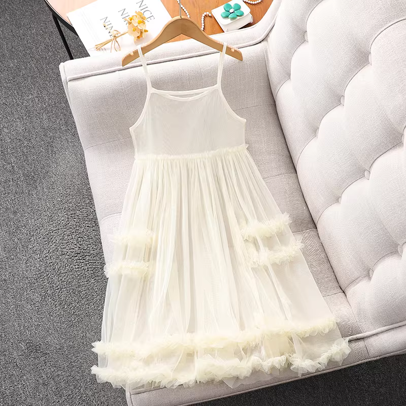 Bộ đầm hè bé gái 2025 mới, kiểu yếm không tay, chân váy lưới, đầm công chúa, đầm hè