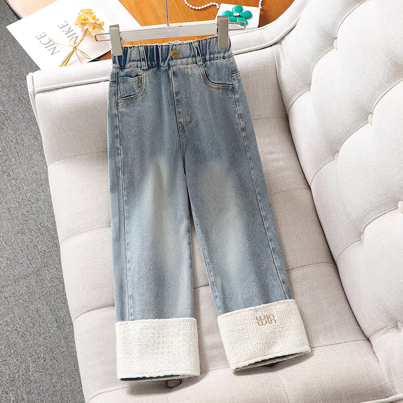 Quần jeans nữ xuân thu 2025 kiểu dáng mới thời trang quần ống rộng cho các bé gái lớn hơn quần ống đứng mùa xuân cho trẻ em