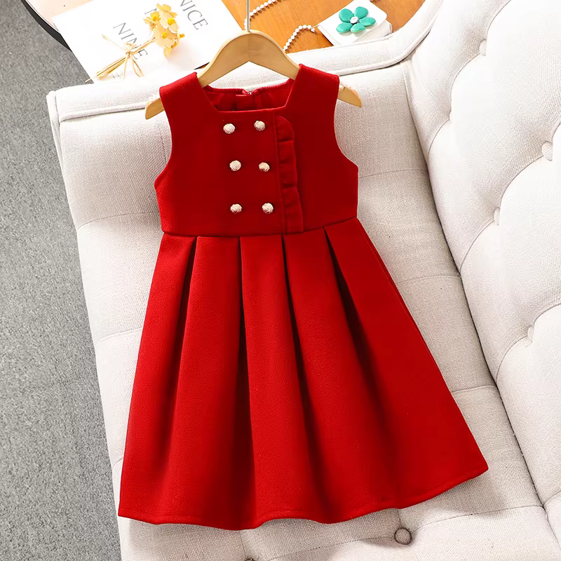 Váy kiểu preppy cho bé gái năm mới 2025, trang phục Tết mới cho bé gái, váy đỏ trẻ em