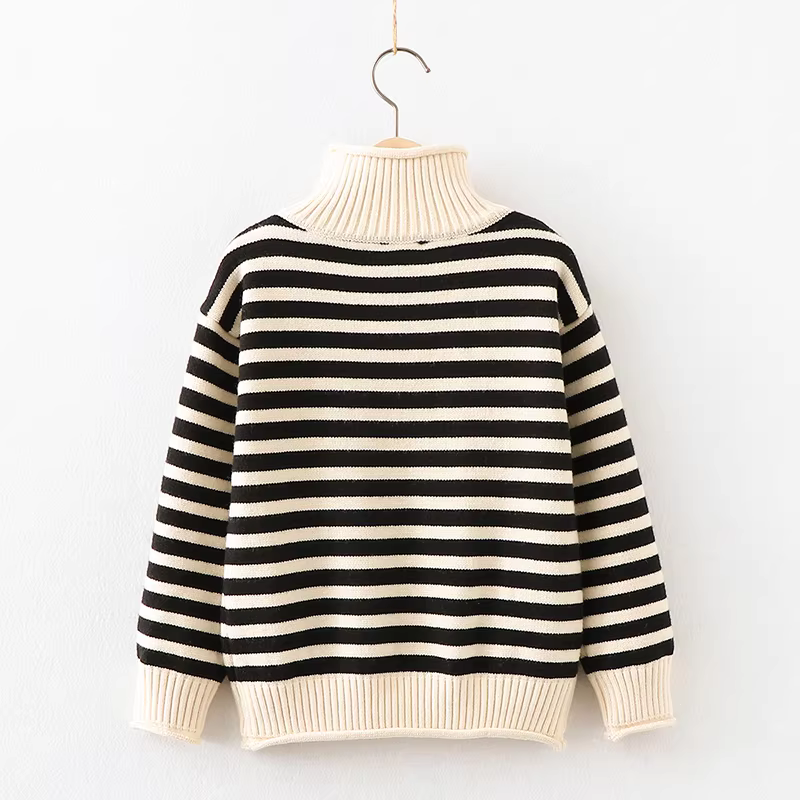 Áo len cổ lọ nửa cao cho bé gái thu đông 2025, áo len chui đầu lót lông dày giữ ấm, áo thun kẻ sọc cho bé lớn