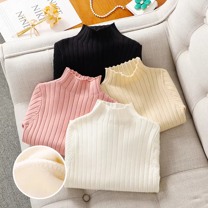 Áo len mùa đông cho bé gái, áo len dệt kim dày lót lông cừu kiểu mới 2025 cho trẻ em, áo len trắng mùa thu đông cho bé gái