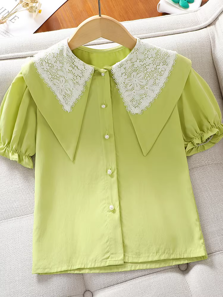 Áo sơ mi ngắn tay mùa hè 2025 kiểu mới cho bé gái, áo voan cổ búp bê, áo kiểu cách tay bồng cho bé lớn