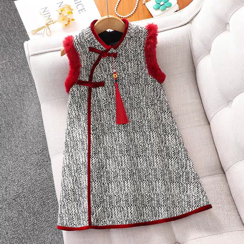 Váy trang phục Tết mùa đông cho bé gái 2025, bộ đồ Tết trẻ em, váy mùa thu đông, áo dài Tết cho bé gái