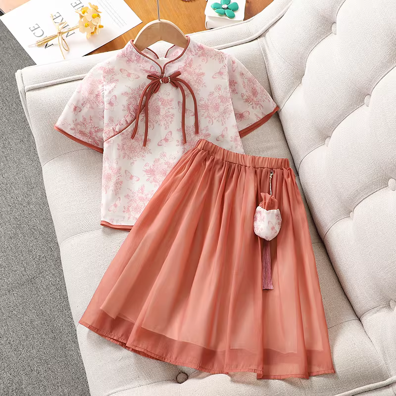 Bộ đồ kiểu Trung Hoa dành cho bé gái mẫu mới 2025 dành cho trẻ lớn, quần áo mùa hè, kiểu áo Tang cổ điển, họa tiết men xanh trắng, phong cách Trung Hoa Dân Quốc, bộ hai mảnh