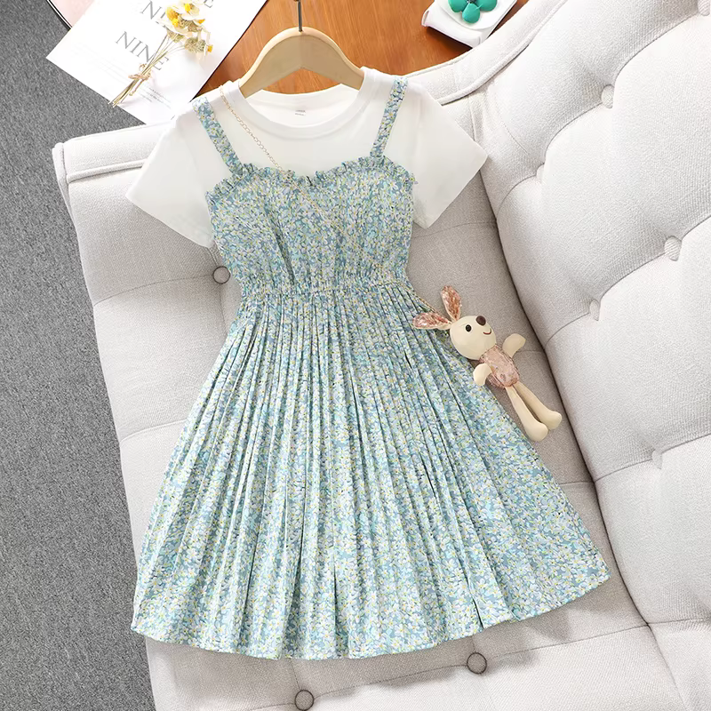 Váy hoa cho bé gái, quần áo trẻ em kiểu dáng mỏng mùa hè, váy công chúa, váy hai dây giả hai mảnh kiểu dáng thời trang, cotton nguyên chất