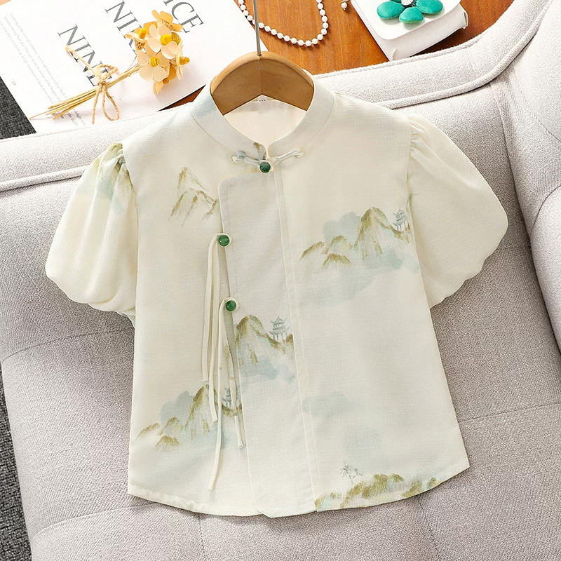 Bộ đồ Hanfu kiểu Trung Quốc dành cho bé gái mùa hè 2025, kiểu mới, váy ngắn tay phong cách Trung Hoa, bộ hai mảnh mùa hè cho bé gái