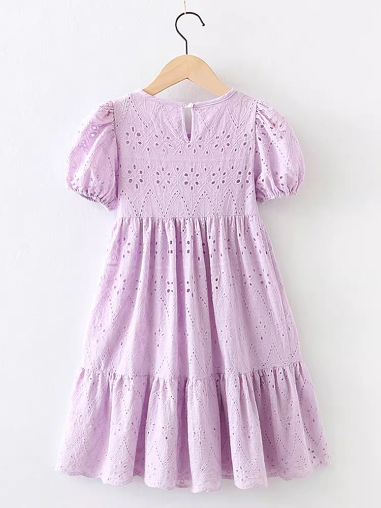 Váy ren bé gái hè 2025 kiểu mới, váy công chúa thời trang trẻ em màu tím, kiểu khoét lỗ, váy hè cho bé lớn