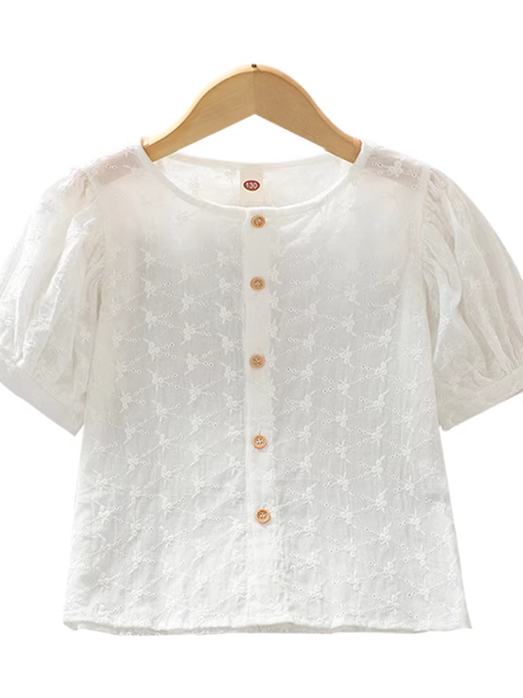 Áo sơ mi ngắn tay bé gái hè 2025 mẫu mới áo mùa hè trẻ em tay bồng chất liệu cotton nguyên chất áo cotton linen trắng cho bé lớn