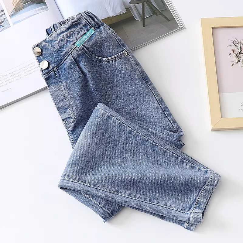 Quần jeans nữ bé gái kiểu xuân thu dài 2025, quần trẻ em mới thời trang thu đông, quần rộng rãi, thoải mái cho trẻ lớn