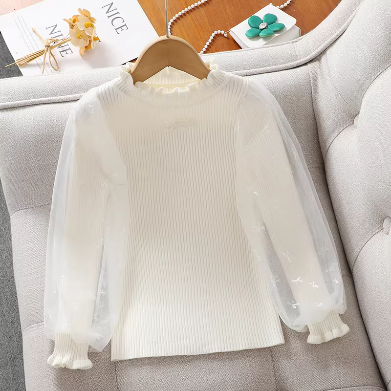 Áo len cổ lọ nửa cao mùa thu đông cho bé gái, áo thun dệt kim lót lông cừu mới năm 2025 dành cho bé gái lớn, quần áo len mùa đông cho trẻ em