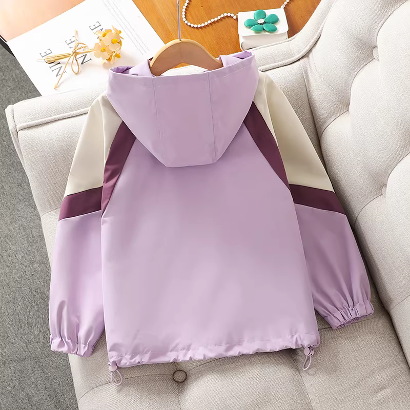 Áo khoác thể thao ngoài trời có mũ trùm đầu cho bé gái mùa thu 2025, áo khoác trẻ em chống thấm nước mới mùa xuân thu, áo khoác bé gái