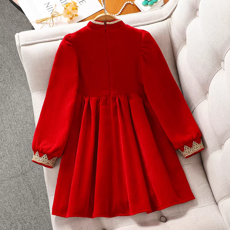 Váy nhung thu đông bé gái, quần áo Tết trẻ em, quần áo mùa đông, quần áo Tết đỏ, váy Tết bé gái, váy